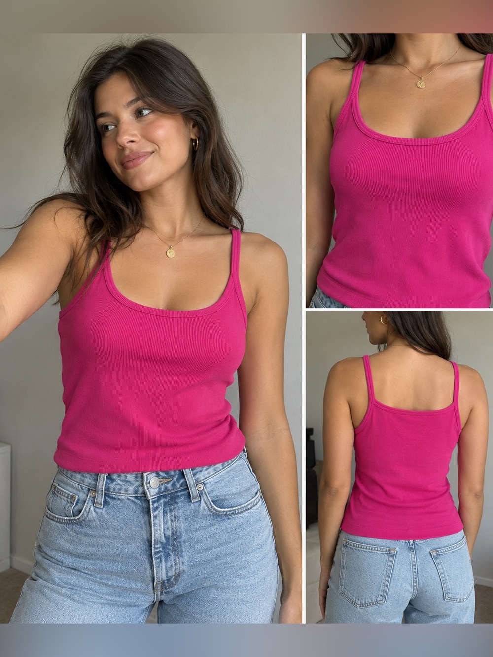 Pilcro Anthropologie Hot Pink Ribbed Scoop Neck Tank Top Size Large